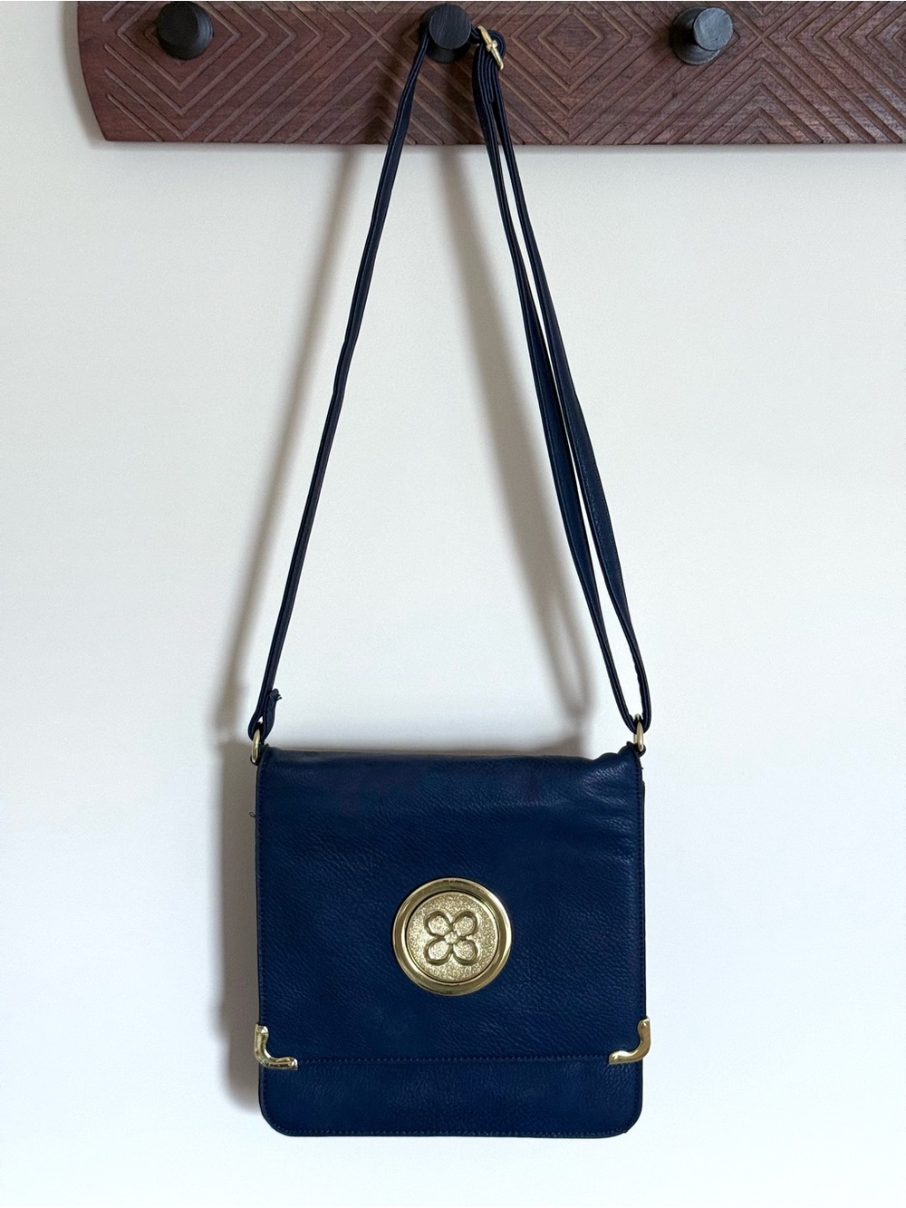 Navy Blue Faux Leather Gold Hardware Accordion Flap Shoulder Crossbody Bag Purse